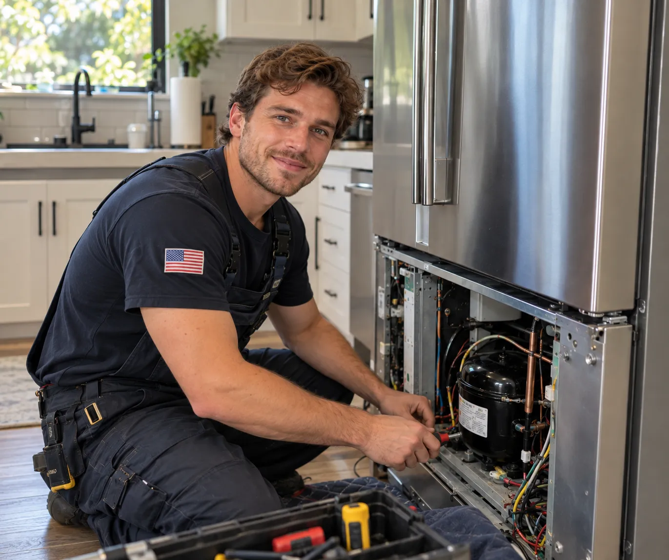 Technician repairing a built-in refrigerator in a San Diego kitchen