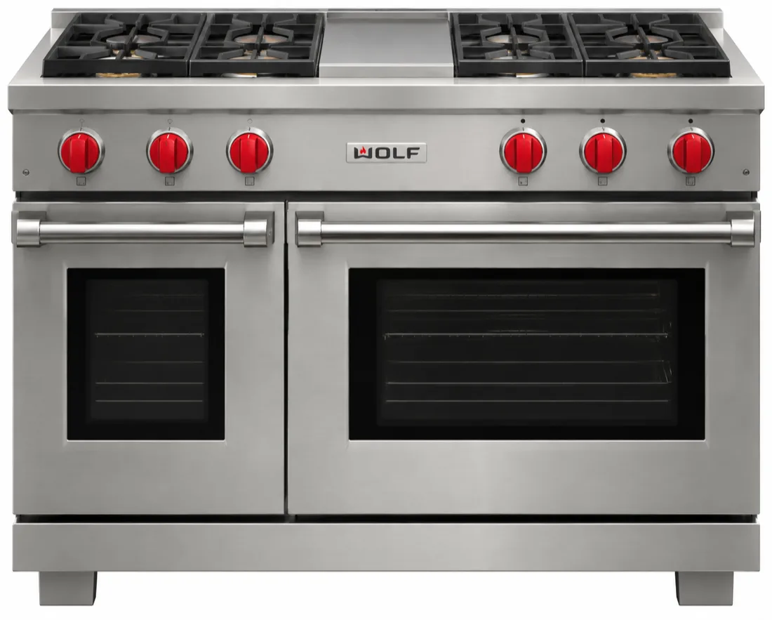 Wolf range with red knobs, Wolf range and oven repair in San Diego